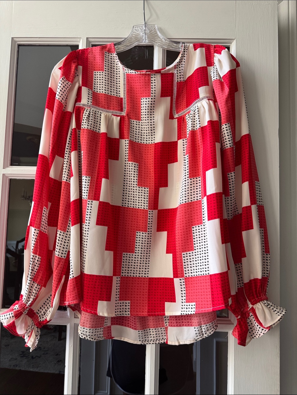Fate Red and White Geometric Long-Sleeve Blouse